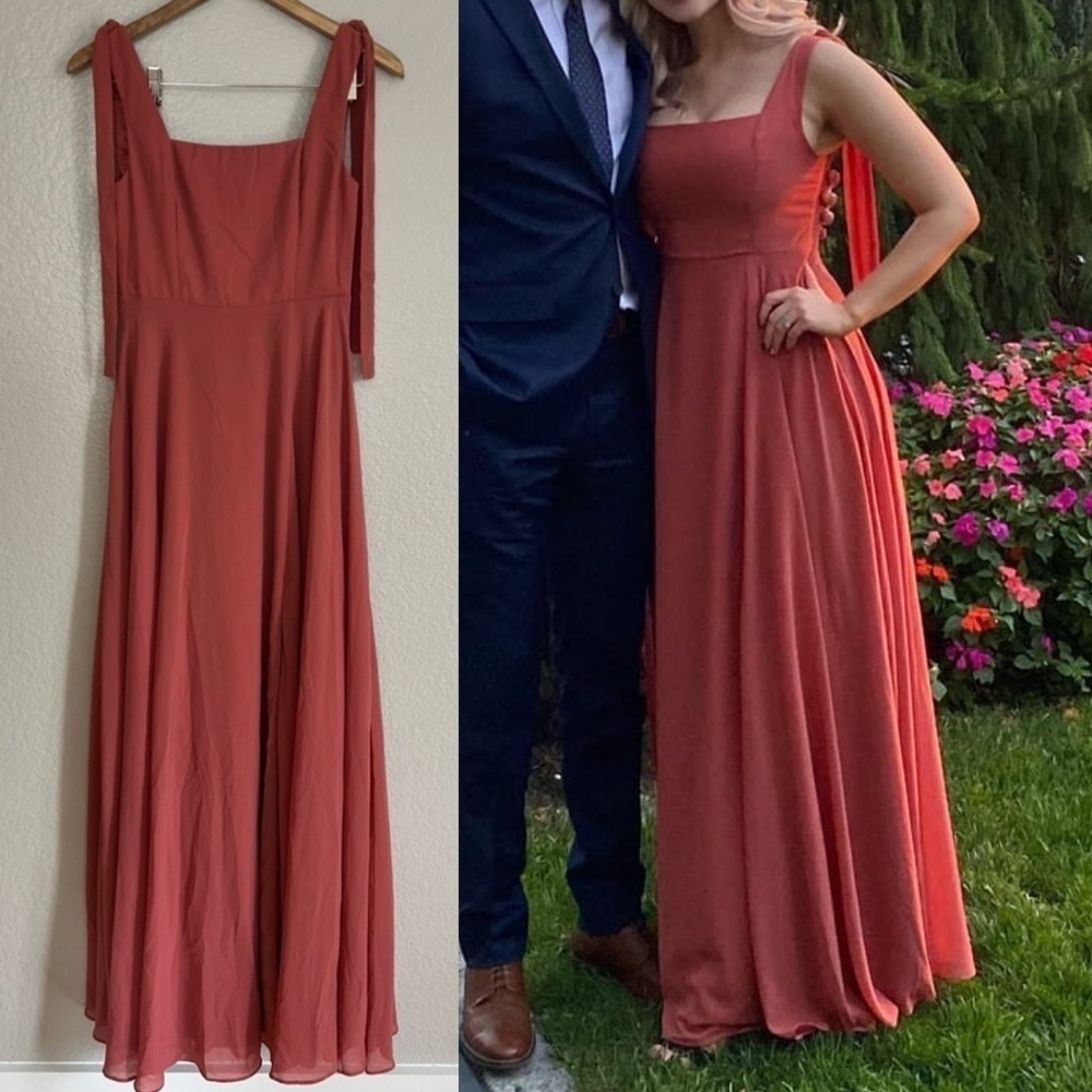 Love Me Forever Terra Cotta Tie-Strap Square Neck Maxi Dress
